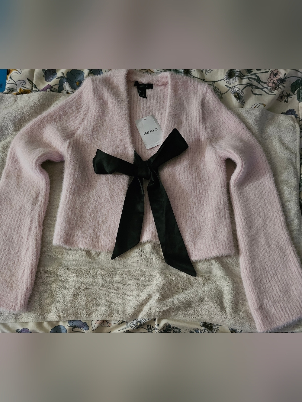 Forever 21 Light Pink Fuzzy Cropped Cardigan with Black Satin Bow